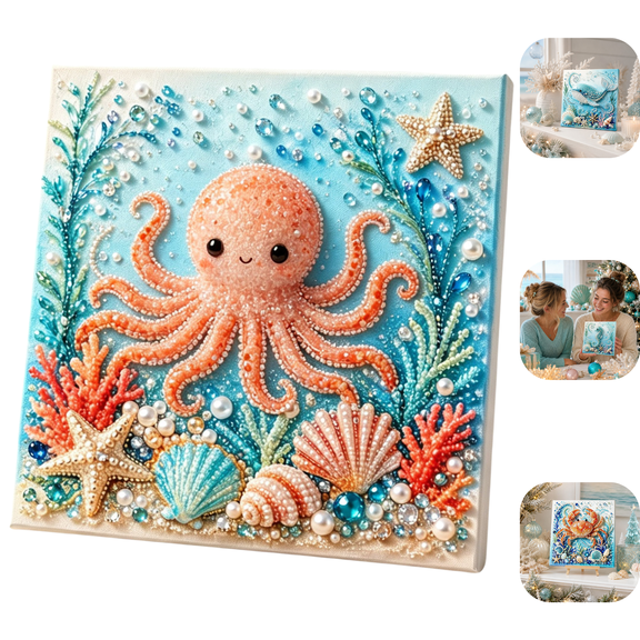 Ocean Theme Pearl Art DIY Kit, Sea Creature Diamond Bead Painting Canvas Craft, Stretched Square Canvas Board, Underwater Animal Art Decor for Bedroom Living Room Indoor Display 1pc G
