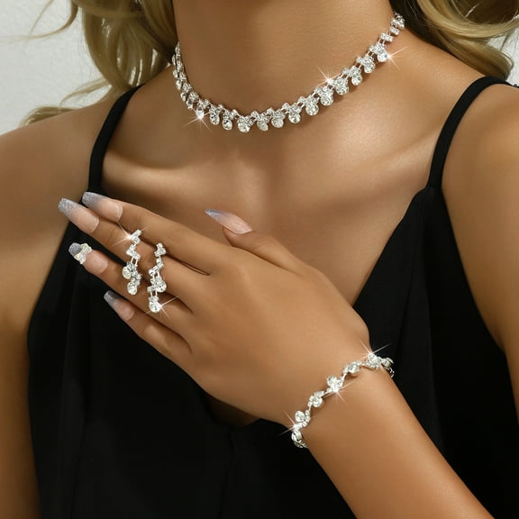 Faty-T Vintage Rhinestone Bridal Jewelry Sets,Crystal Wedding Prom Earrings Necklace Bracelet Set Fashion Zircon Bride Jewelry Dress Accessories for Women