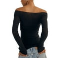 thumbnail image 3 of Nituyy Women's Off Shoulder Mesh T-Shirt Solid Ruched Long Sleeve Skinny Tee Shirt Top Party, 3 of 5