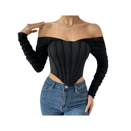 

Women s Slim Crop Tops Black Long Sleeve Off Shoulder Fishbone Corset T-shirt Summer Clothes