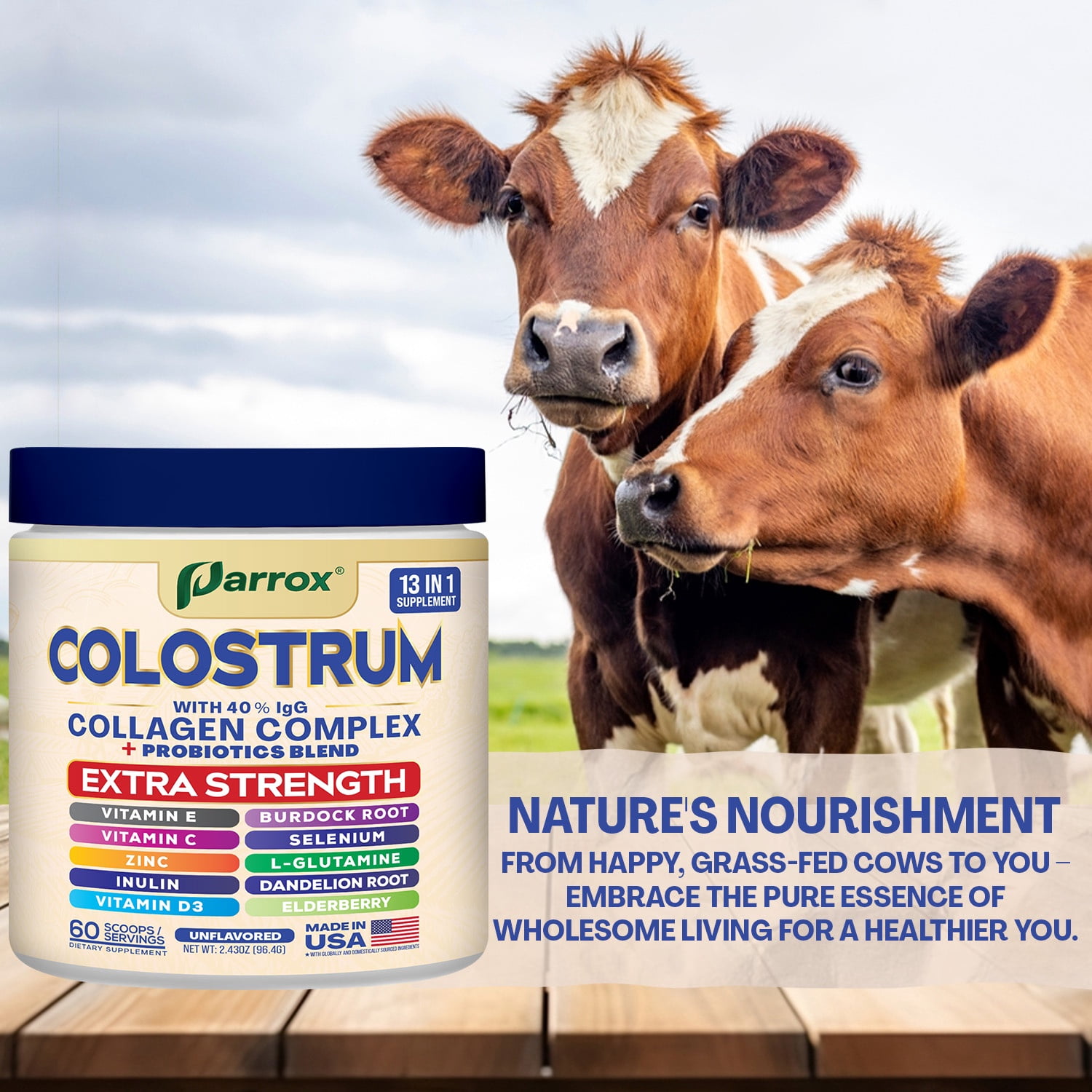 Parrox Colostrum Powder with 40% IgG, Collagen, Probiotics, Burdock Root,  L-Glutamine, Elderberry, Vitamin C, Vitamin E, Vitamin D3, Inulin, Selenium, Dandelion Root, Zinc, 60 Servings (Unflavored)