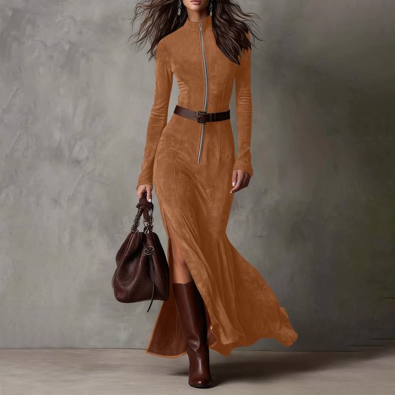 YueHuiYing Womens Lapel Long Sleeve Solid Color Suede Fabric Slim Zipper Irregular Tassel Dress