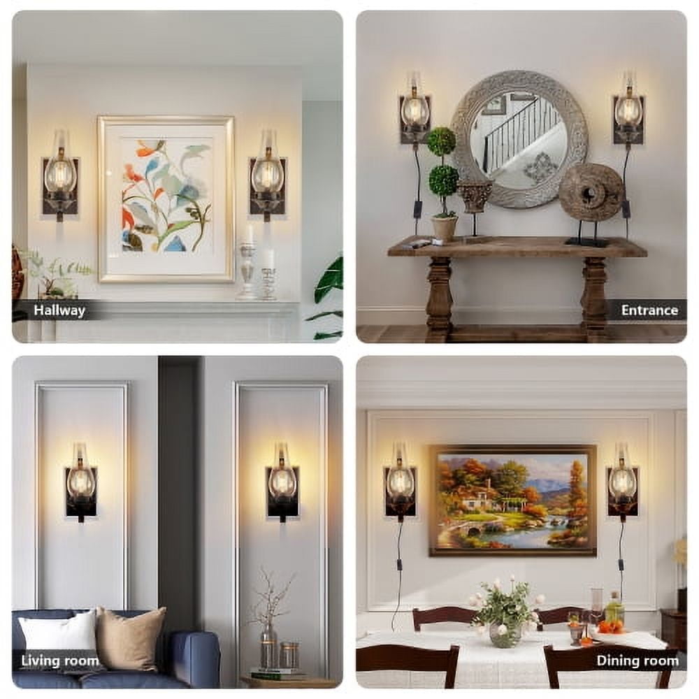 ACE-LIGHTS,2-pack Rustic Farmhouse Wall Sconces,Vintage Industrial Plug-in Wall Lights(Bulb Not Included) with Clear Glass Shade for Living Room,Dining Room,Bedroom,Hallway,Entrance(Black Gold).