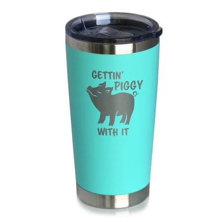 

Gettin Piggy - Insulated Coffee Tumbler with Sliding Lid - Funny Pig Gifts - Teal 20oz