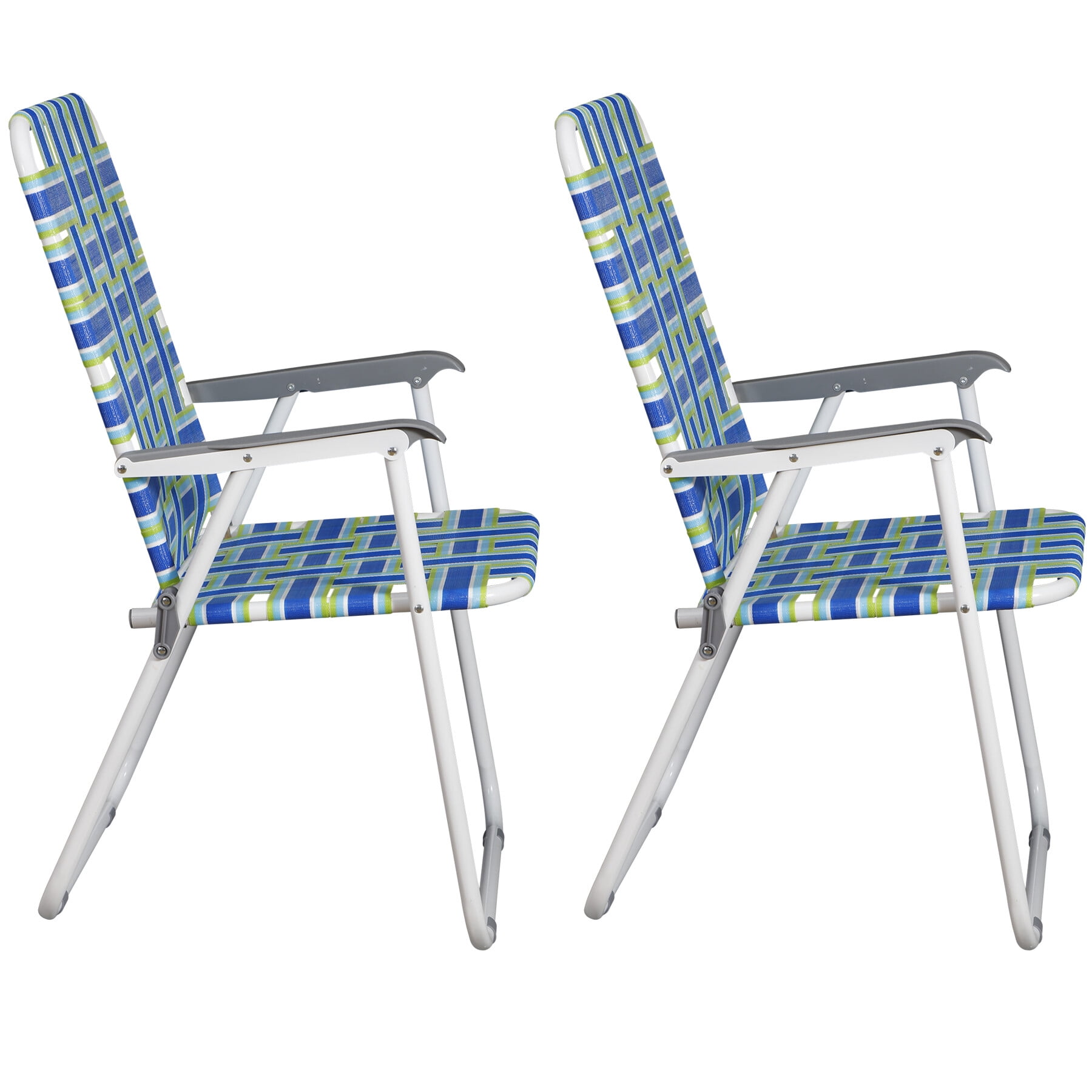ZENY Set of 2 Patio Lawn Chairs Folding Metal Frame Webbed Camp Chair, Blue/Green