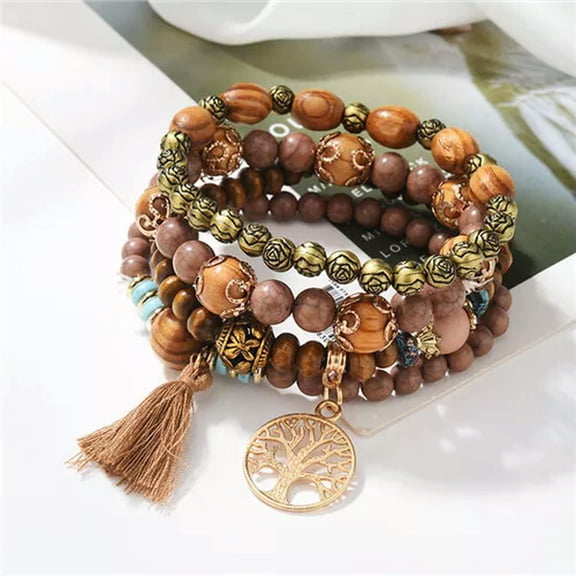 HOOUN Boho 4Pcs/set Multi-layer Tassel Wooden Bead Bracelet Bangle Women Jewelry Gifts-#5