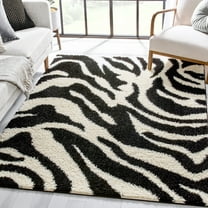 Well Woven Madison Shag Safari Zebra Animal Print Black 3'3" x 5'3" Area Rug