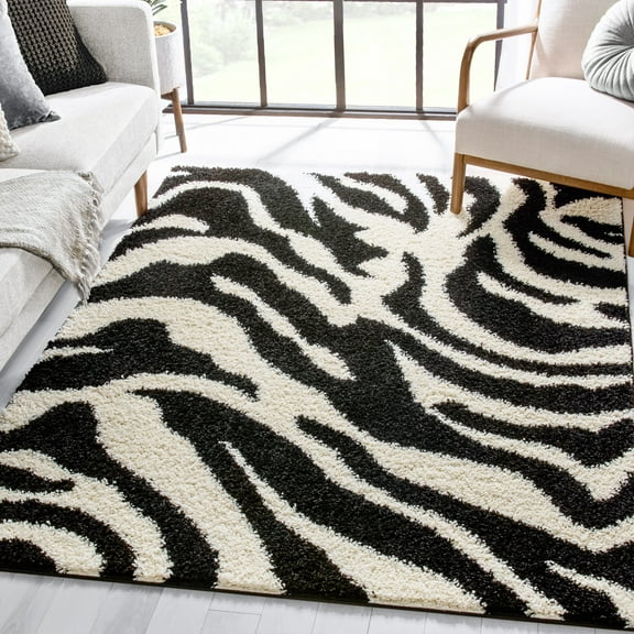 Well Woven Madison Shag Safari Zebra Animal Print Black 3'3" x 5'3" Area Rug