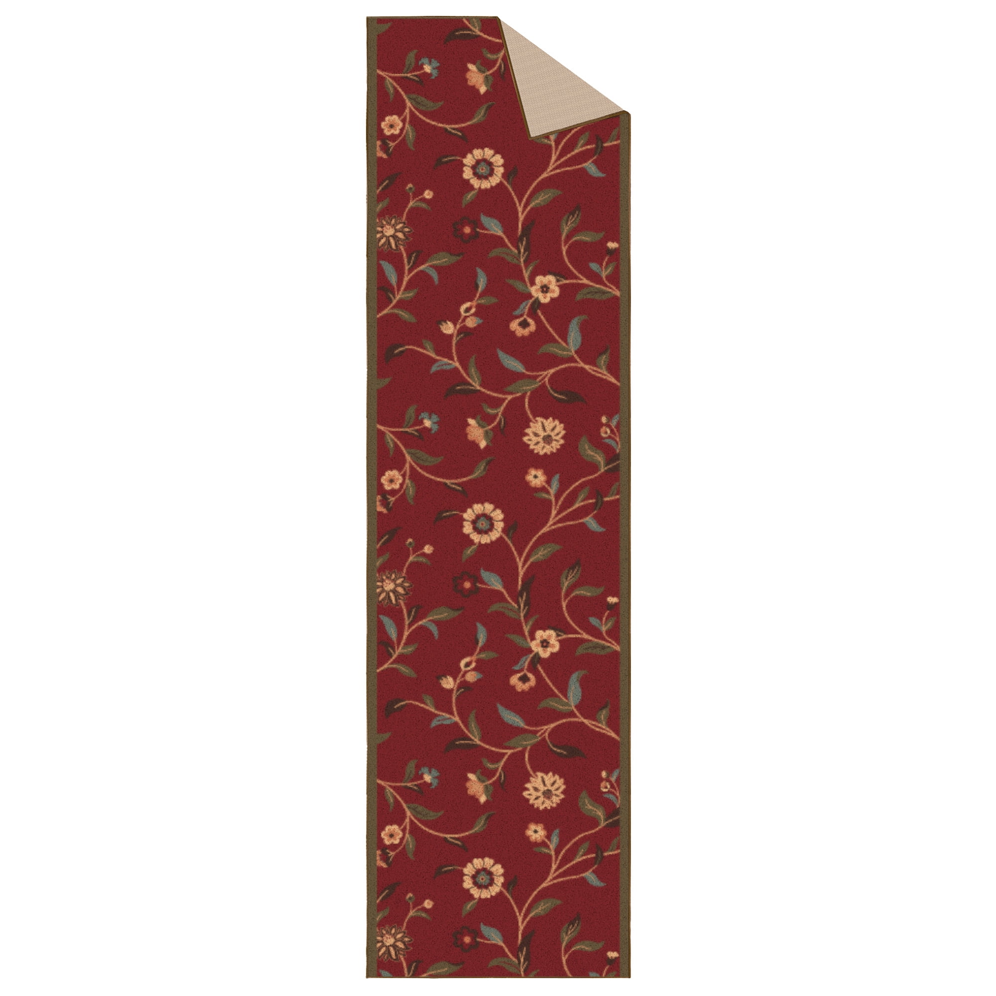 Ottomanson Extra Long Runner Rug 1'10.5" x 25' – Non-Slip Low Pile Hallway Carpet, Floral Red