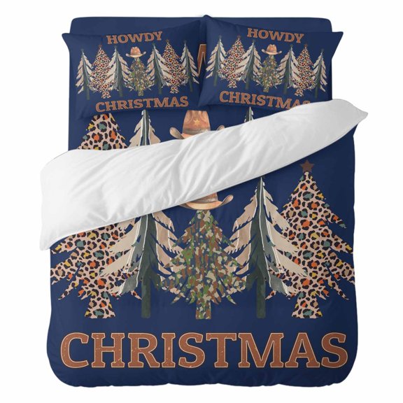 4 Pieces Duvet Cover Set Queen Size, Christmas Tree Colorful Print Comforter Cover Bedding Sets, Western Cowboy Hat Dark Blue Bed Set Include 1 Duvet Cover,1 Bed Sheet,2 Pillow Shams