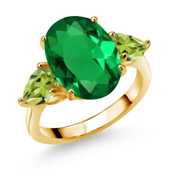 Gem Stone King 18K Yellow Gold Plated Silver Green Nano Emerald and Green Peridot Ring for Women (5.37 Cttw, 14X10MM Oval and 7X5MM Pear Shape, Gemstone May Birthstone, Size 7)