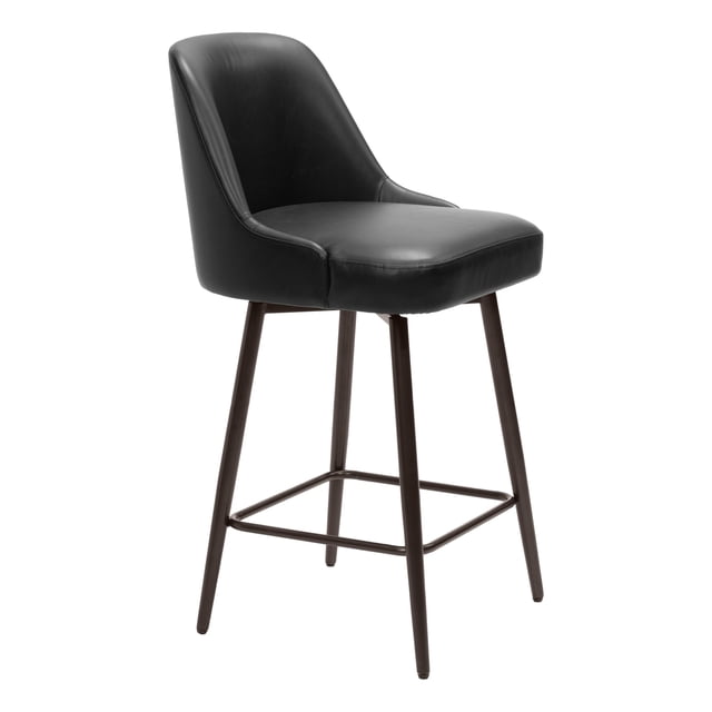 banco de barra kessa muebles keppel negro 50 x 97 x 55 cm banco de barra Keppel en piel sintética negra, vista 3/4 frontal con respaldo curvo y asiento acolchado giratorio; base de acero con recubrimiento en polvo color oscuro, cuatro patas cónicas y reposapiés rectangular, adecuado también como asiento alto para isla de cocina.