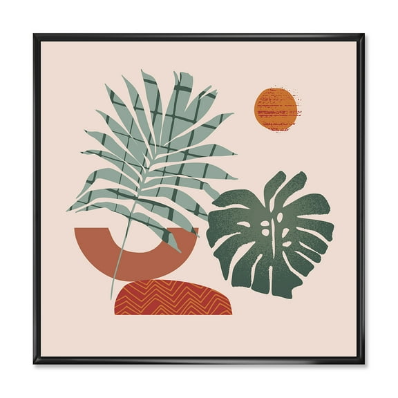 Designart 'Sun and Moon Shapes In Retro Green & Terracotta Tone' Modern Framed Canvas Wall Art Print