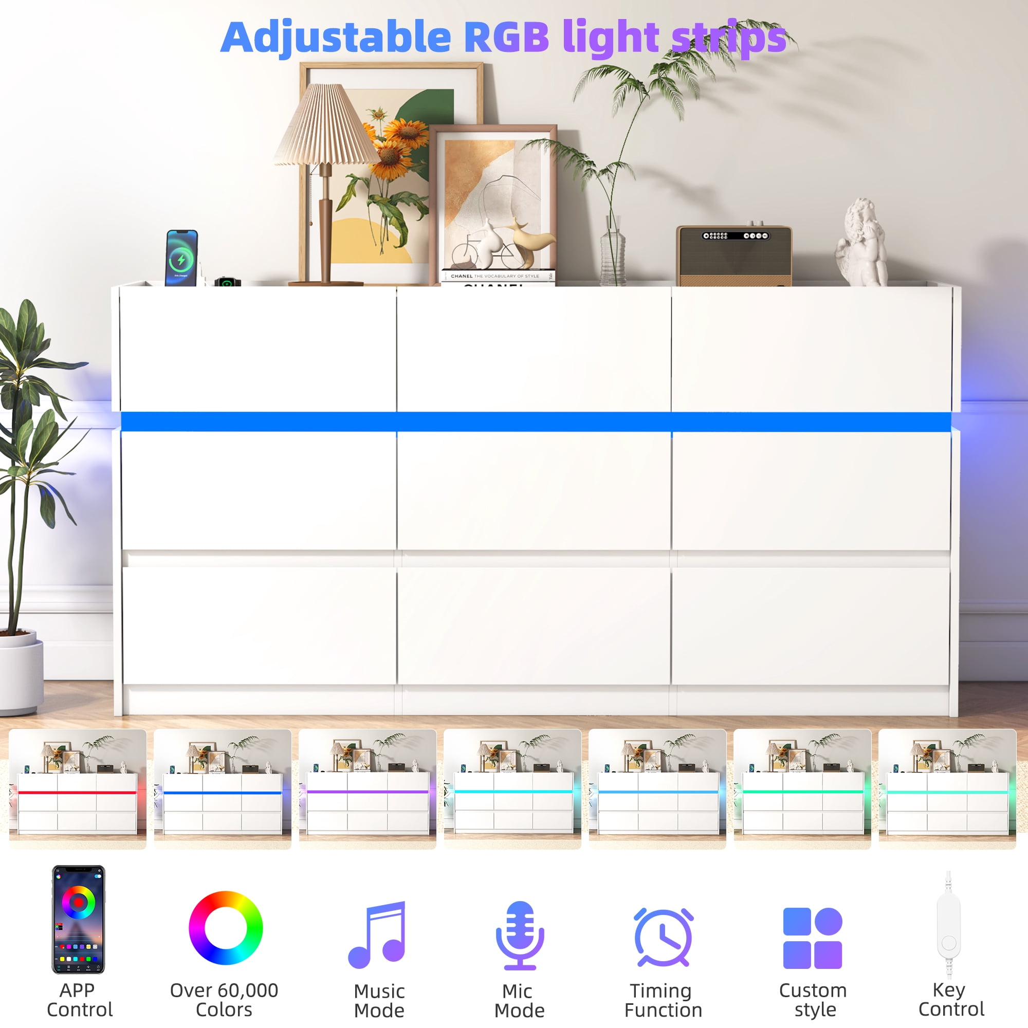 HAUXITIO 9 Drawer Dresser Chest with Charging Station and LED Lights for Bedroom, Modern TV Stand Cabinet, White