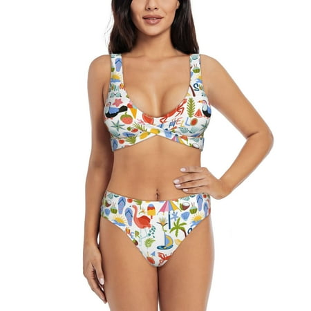 Zeuib Hello Summer2 High Waisted Tummy Control Bikini Set - Knot Front Push Up Top & Cheeky Thong Bottom  Two-Piece Swimsuit for Women-Large