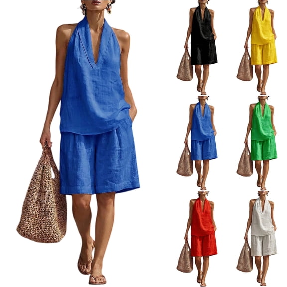 Women's 2 Piece Short Sets Linen Sleeve V Neck Halter Matching Short Suit Summer Casual Oversized Outfits Blue S