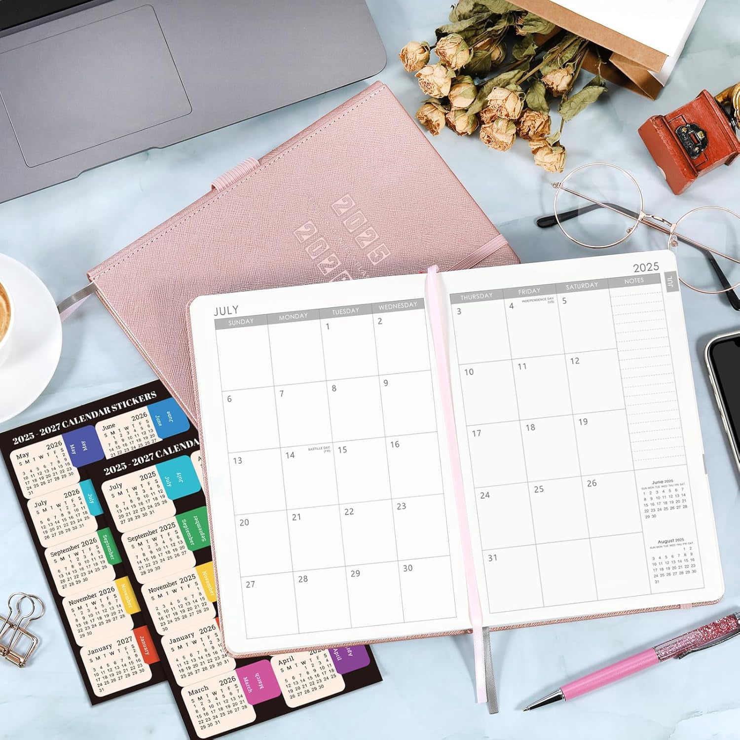 2025-2026 Planner - Academic planner 2025-2026, 25-26 Planner Weekly and Monthly, 5.75" x 8.25", Jul. 2025 - June. 2026, Saffiano Leather with Thick Paper, Back Pocket with 40 Notes Pages - Rose Gold