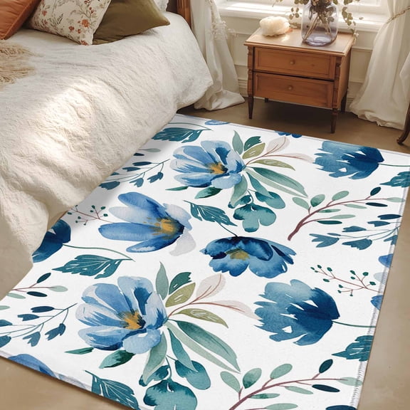 Area Rug for Living Room, Blue Floral Non-Slip Indoor Large Carpet for Bedroom/Dining Room, Watercolor Farmhouse Flowers Painting Washable Low-Profile Rectangle Floor Mat Runner Rugs - 3 x 5 Ft