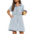 thumbnail image 1 of DOPI Denim Dress for Women with Pockets Short Sleeve Babydoll Denim Shirt Dresses for Women 2023, 1 of 6