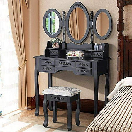 Glass Mirror Makeup Vanity UBesGoo Vanity Makeup Table Set,Tri Folding Mirror Dressing Table 7 Drawers/Stool (Black) ()