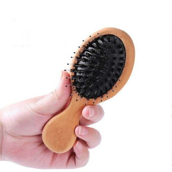 Cepillo para el cabello Mini cepillo para el cabello con cerdas de jabalí para cabello grueso, rizado, fino, largo, corto, húmedo o seco, masaje para desenredar, bolsillo para brillo, cepillo para el