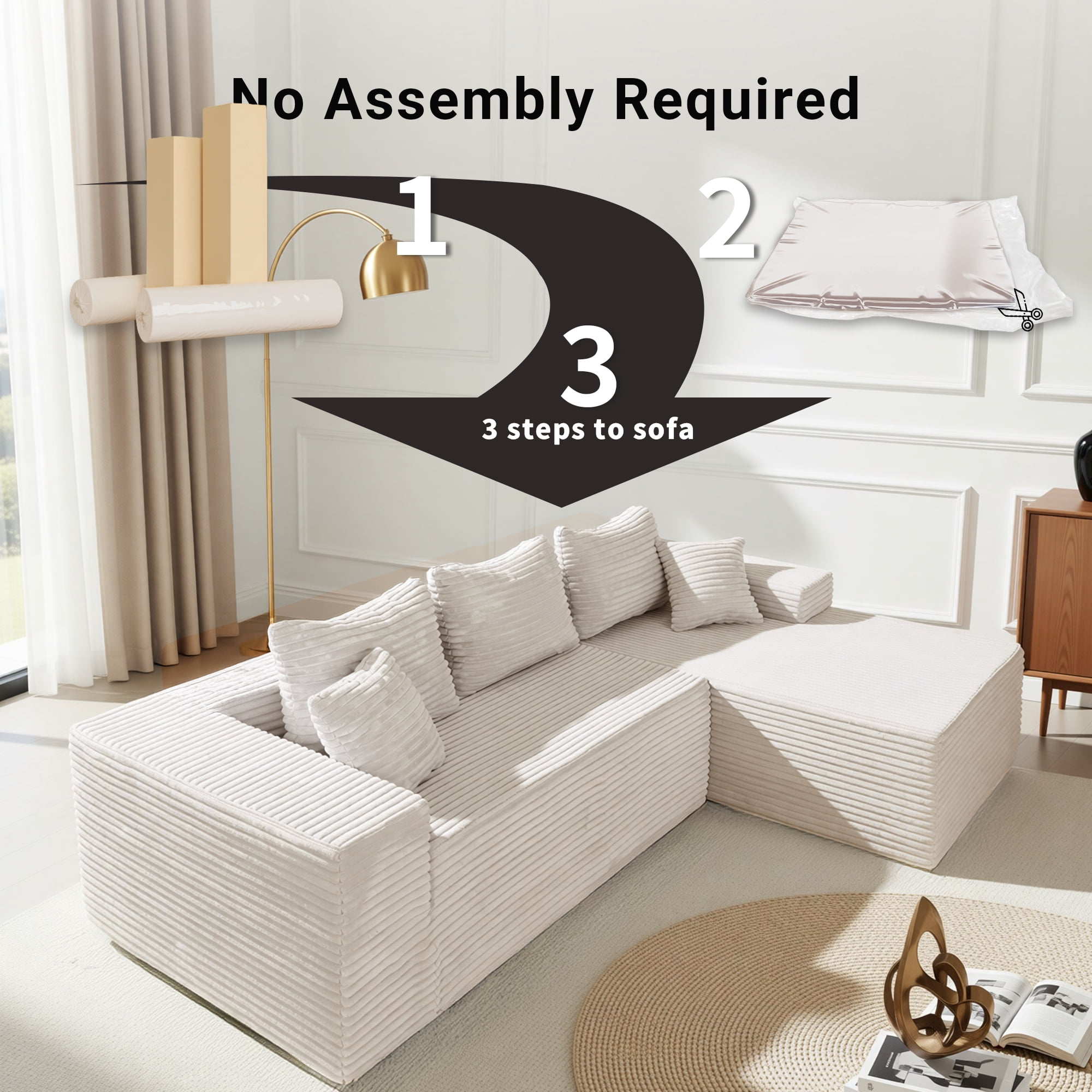 94" Boneless Sectional Sofa with Lounge, L-Shape Living Room Cloud Modular Convertible Sleeper Sofa, Corduroy Couch Deep Seat Sleeper Set,Bedroom Reversible Sofa W/Pillows,Beige,Right