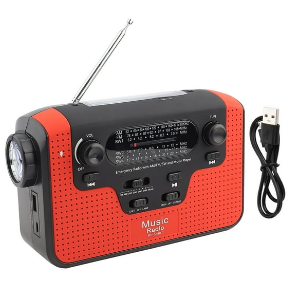ZOUSSIQI FM/AM/SW Solar Hand Crank Radio Memory Card Music for Bluetooth Handsfree Call Solar FM Radio Red EL225#11608