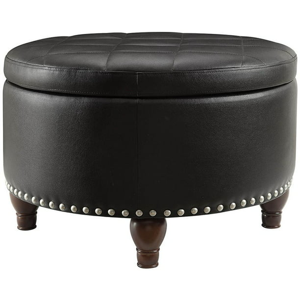 Faux Leather Coffee Table Ottoman, Black Leather Circle Ottoman