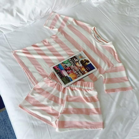 

Women Silk Pajama Set Short Sleeve Sleepwear Striped Pajamas Sets Nightwear
