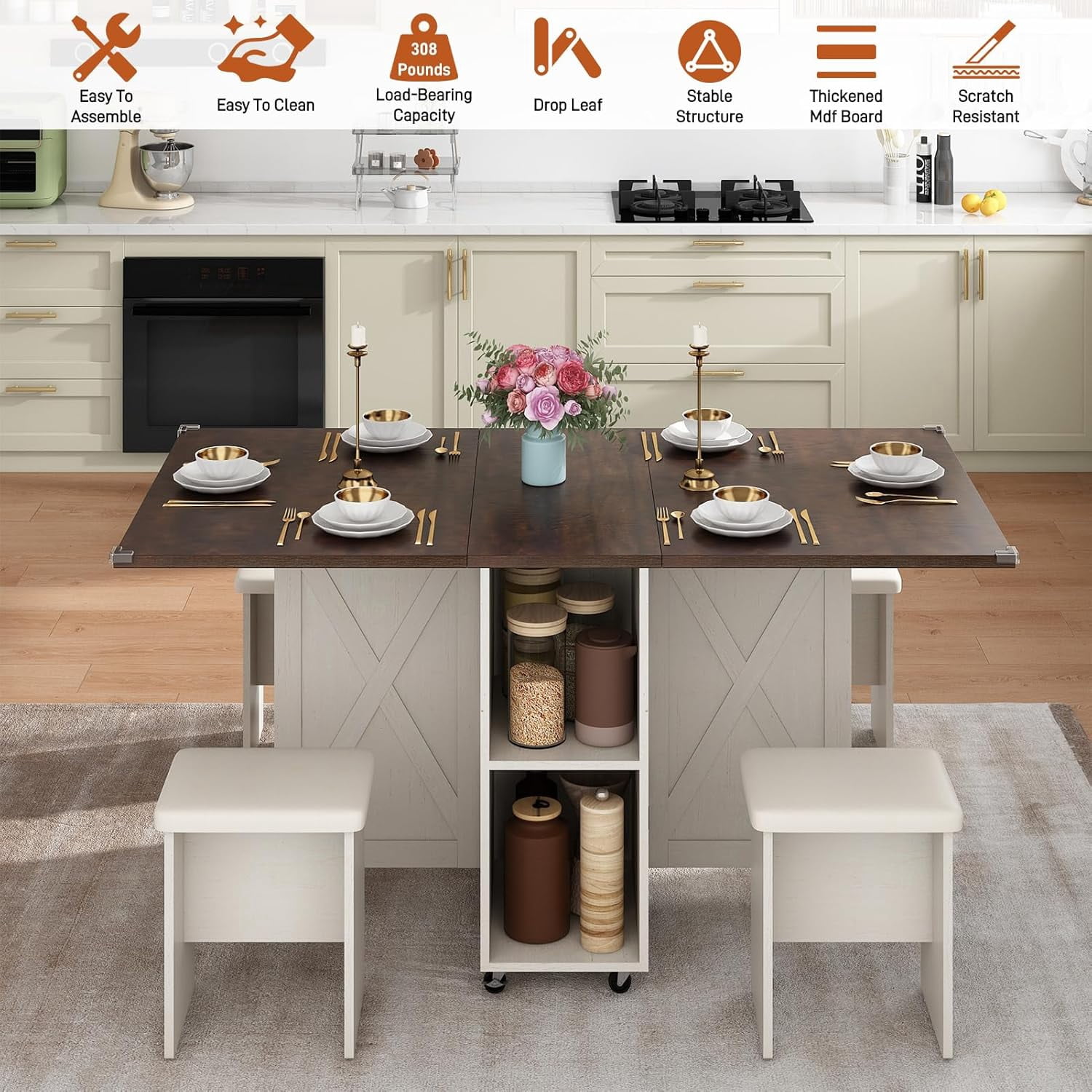 Blotout 5 PCS Farmhouse Dining Table Set for 4, 60'' Large Folding Dining Table Set with 4 Leather Chairs,6 Wheels, Drop Leaf Foldable Kitchen Table with 2-Layer Storage Shelf for Small Spaces, Brown