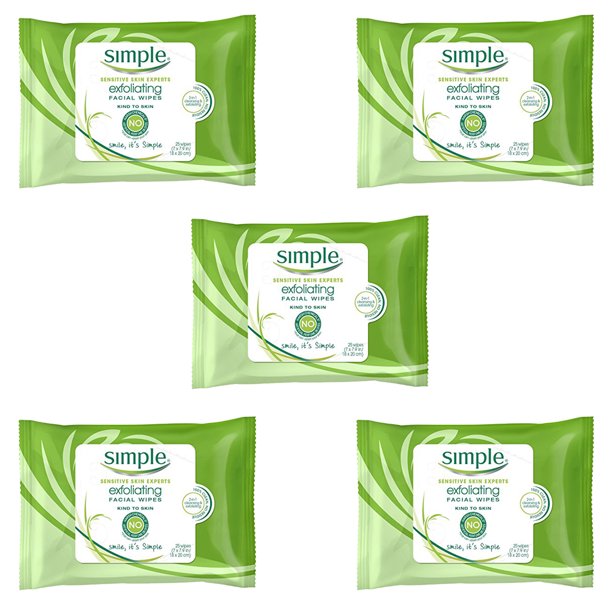(5 Pack) Simple Facial Wipes, Exfoliating 25 count