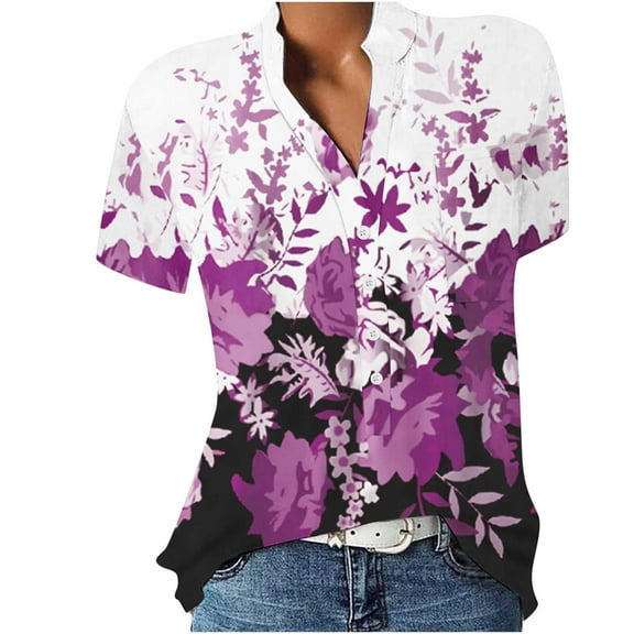 Women Summer Tops Women V Neck Blouse Short Sleeve Tunic Shirts Floral Print Tee Shirts Lightweight Tops Athletic Long Sleeve Short Athletic Ling Long Sleep Purple XL