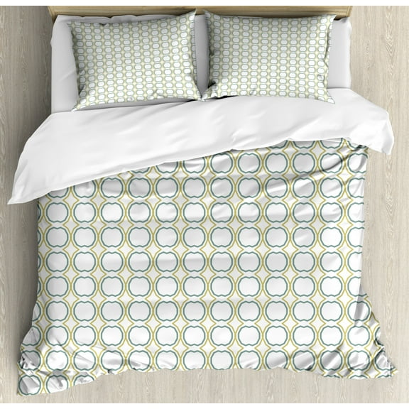 Abstract Duvet Cover Set Queen Size, Repetitive Simplistic Ornaments Motif Pattern on Plain Backdrop, Decorative 3 Piece Bedding Set with 2 Pillow Shams, White Khaki and Laurel Green, by Ambesonne