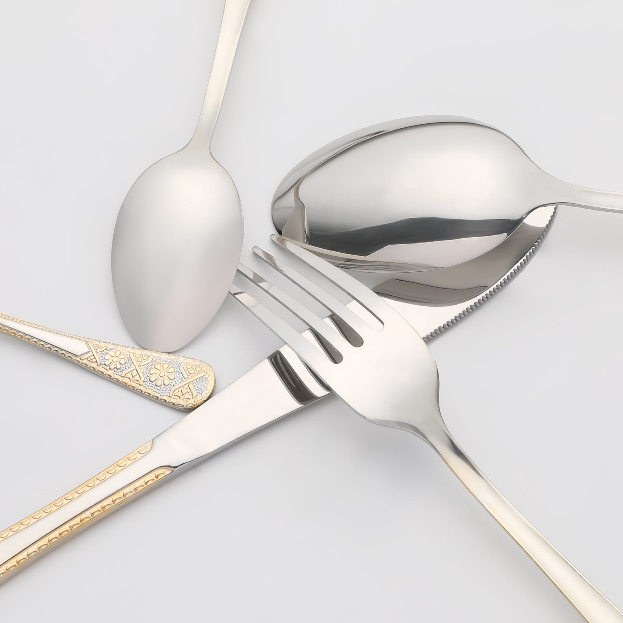 Unique Bargains 20 Piece Stainless Steel Floral Dinner Flatware Set Silver/Gold 20