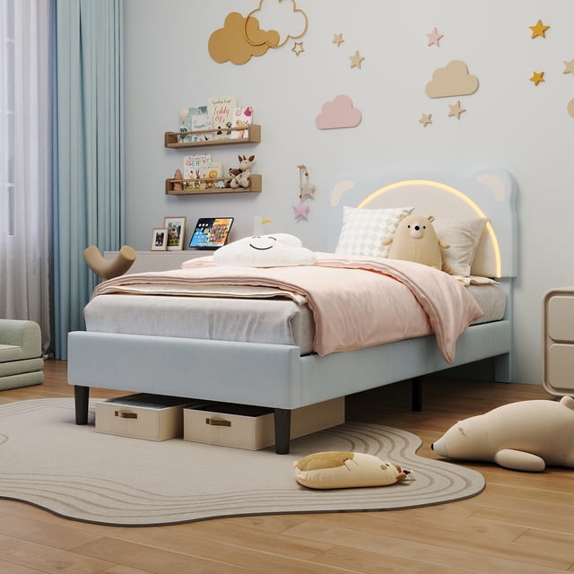 Yeshouse estructura de cama individual con luces LED y cabecero ajustable en forma de osito, tapizada en terciopelo, soporte de listones de madera, silenciosa y fácil de montar, ideal para niños