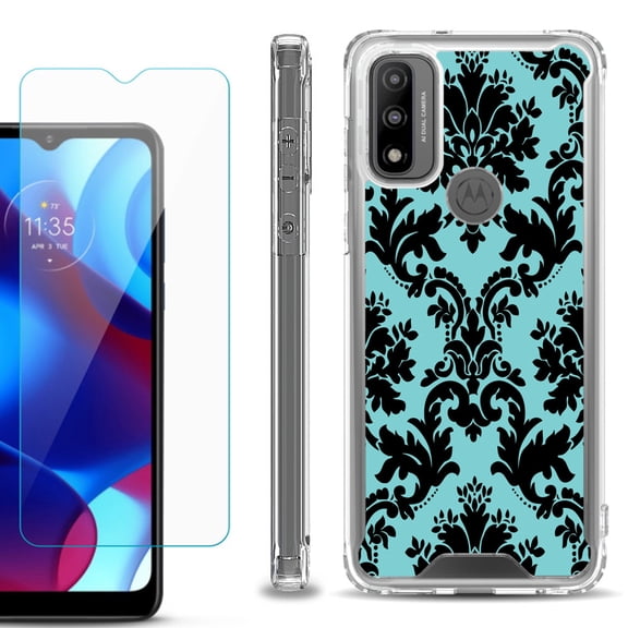 Shockproof Bumper Phone Case for Motorola Moto G Pure, with Tempered Glass Screen Protector, by OneToughShield ® - Victorian Blue/Black