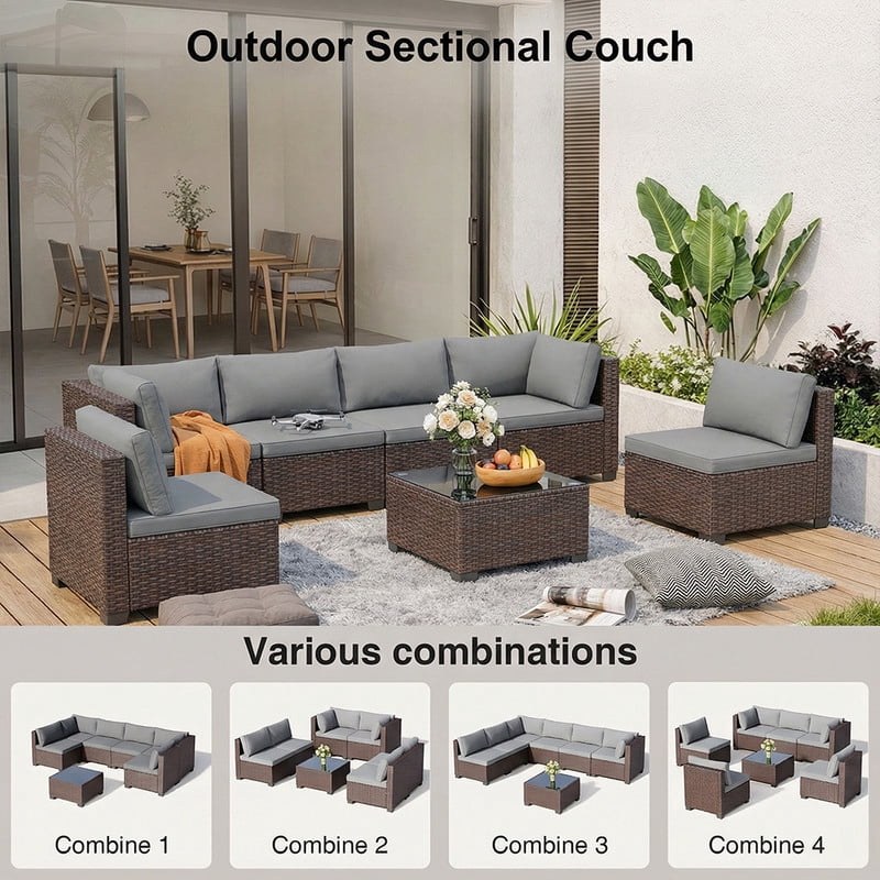 Aiho 7-Piece Rattan Patio Furniture Set , Outdoor Sectional Furniture Set with Tempered Glass Table for Patio, Garden, Backyard, Grey