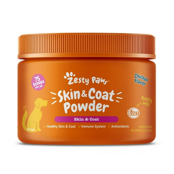 Zesty Paws Skin & Coat Powder for Dogs, Dog Supplement to Support Healthy Skin & Coat, Chicken 150g Jar