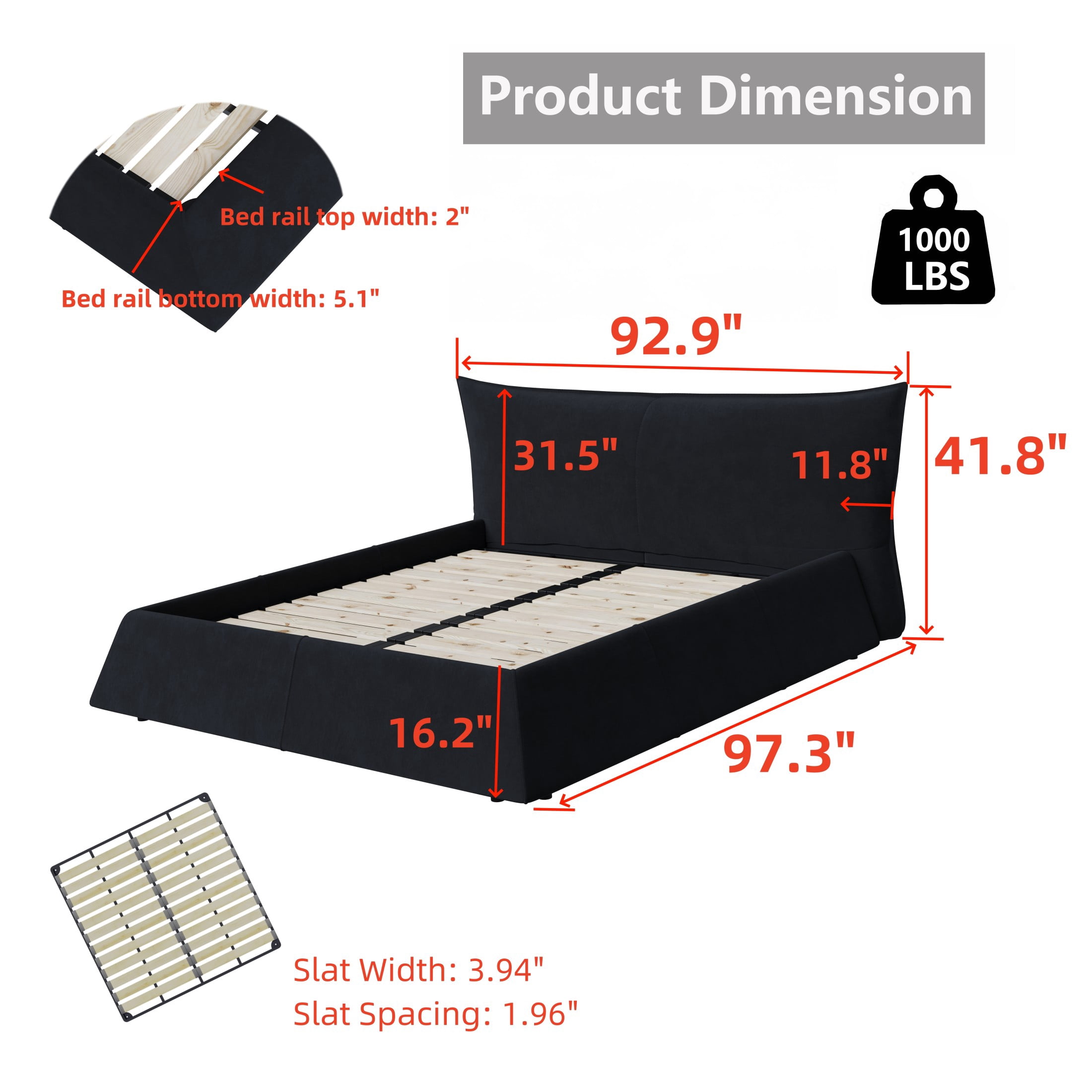 Noble House Sheila King Size Velvet Platform Bed Frame, Unique Shaped Headboard and Solid Wood Frame, Black