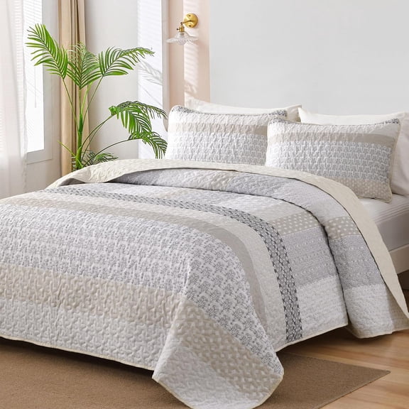 Beige Quilt Queen Size, Bohemian Stripe Quilt Sets 3 Pieces Beige Boho Quilted Bedspread Set Lightweight Microfiber Coverlet Bedding Set All Season (96"x90")