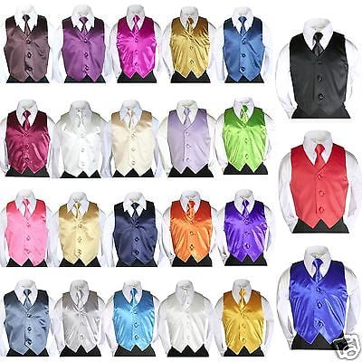 

2pc Set Satin Vest + Necktie Baby Toddler Kid Teen Formal Boy Suit 23 Color S-7