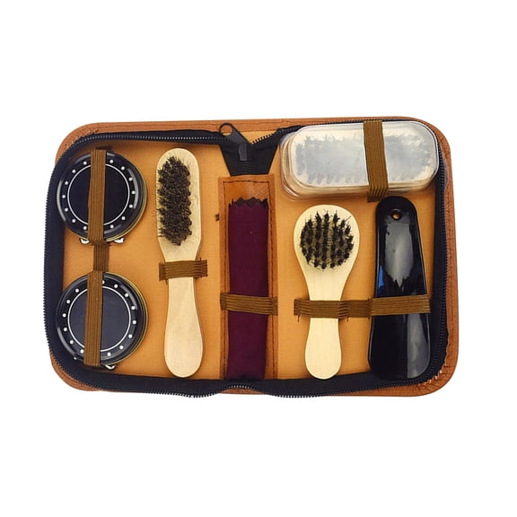 Shoe Polish Kit - Portable 8pcs Shoe Shine Kit with Genuine Horsehair Brush, Black Shoe Polish, and Clear Shoe Polish - Suede Shoe Cleaning Kit for Sneakers, Leather Shoes, and Boots,Orange