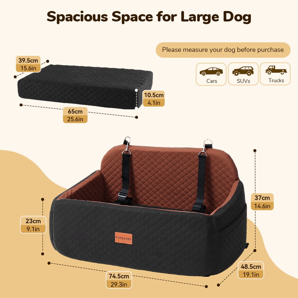 Large Dog Car Seat, DOMIPET Elevated Pet Car Seat for Dogs up to 55kg, Detachable & Washable Car Dog Bed with Storage Pockets