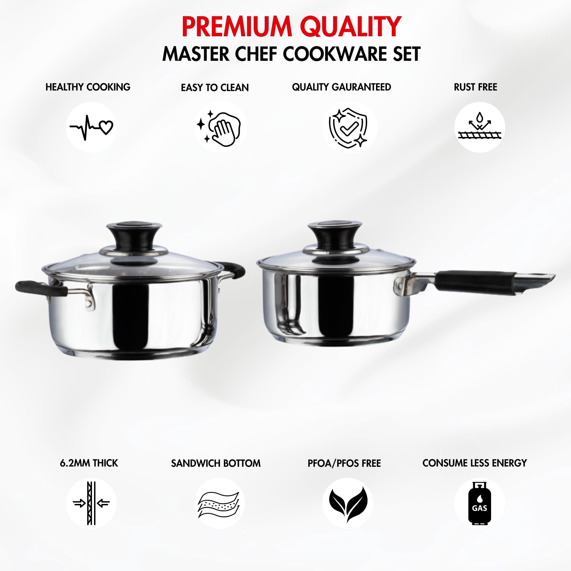 Vinod Stainless Steel Induction And Gas Stove Friendly Master Chef Cookware Set- 2 Pieces, Saucepan (16 Cm/1.5 Litre), Casserole (18 Cm /2.1 Litre) With Glass Lids