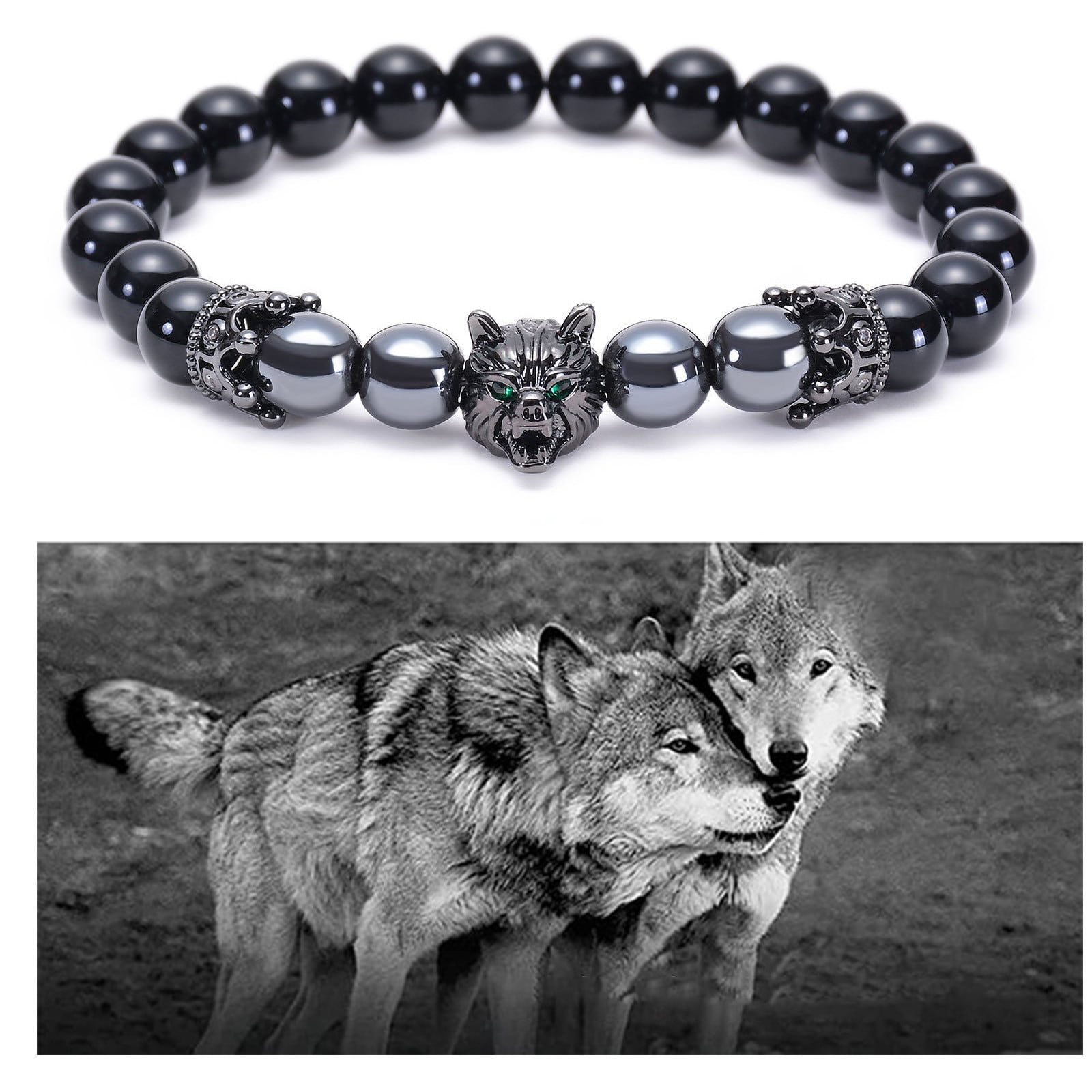 Stainless Steel Nordic Double Wolf Head Bracelet Men\\\'s Retro Punk Mesh  Chain Animal Bracelet