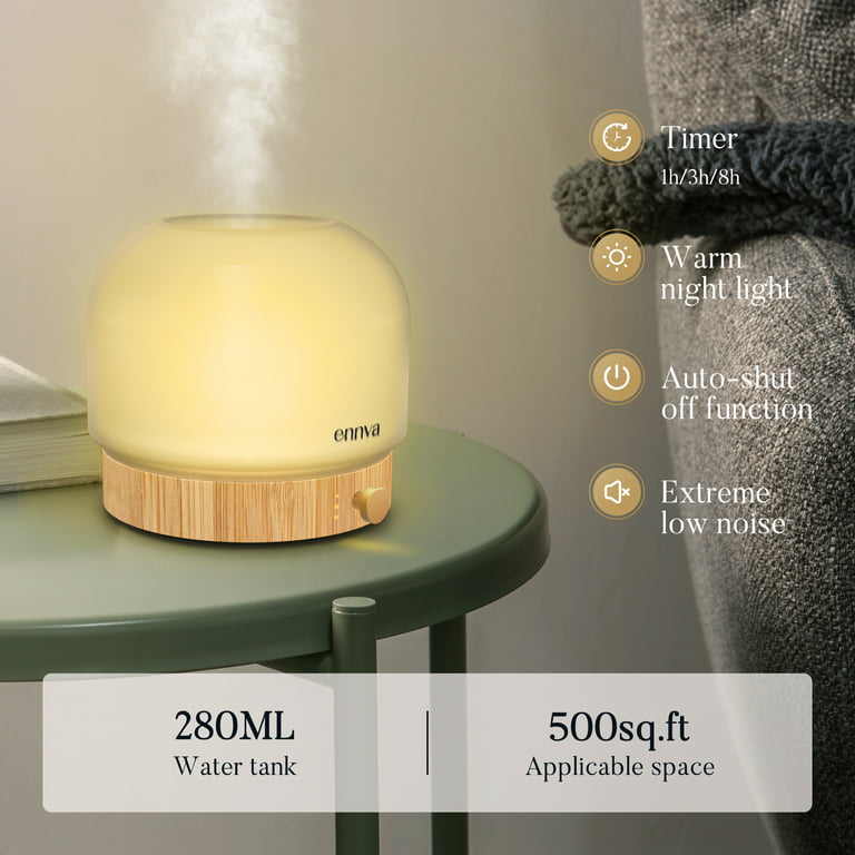 Ennva Essential Oil Diffusers for Home, Elegant Glass Diffuser with Light 280ml Quiet Ultrasonic Diffuser - Aromatherapy Diffuser with Timer, 2 Mist