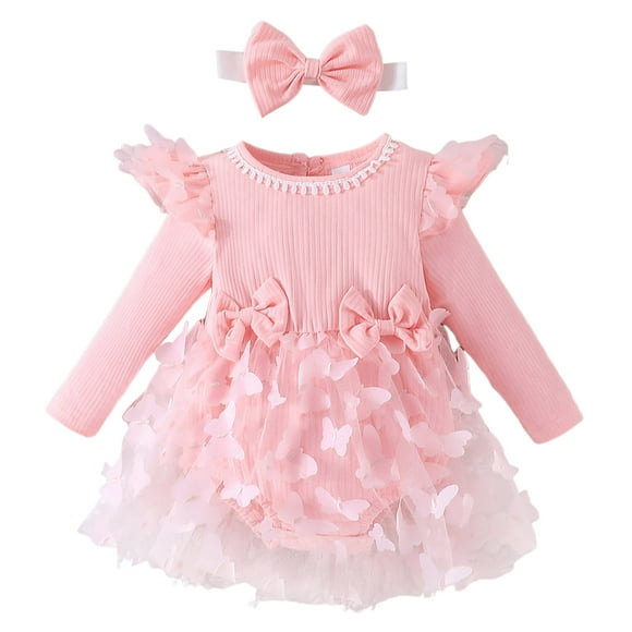 WUANDIXFA Smocked Toddler Girl Clothes Baby Spring Clothing Skirt for Girls Sweet Long Sleeved Jumpsuit Mesh Skirt Children Clothing Baby Crawling Clothes Pink,0-3 Months