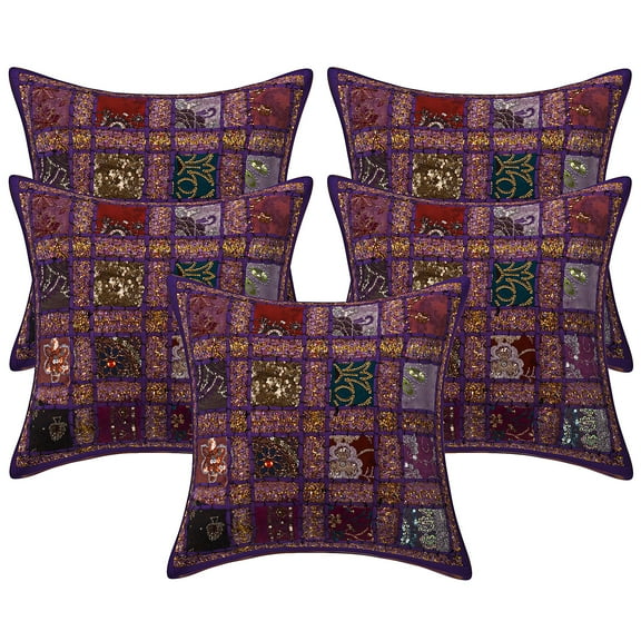 Stylo Culture Ethnic Decorative Throw Pillow Covers 16x16 Patchwork Embroidered Purple Sequins 40cm x 40cm Home Decor Cotton Geometric Square Cushion Covers | Set Of 5