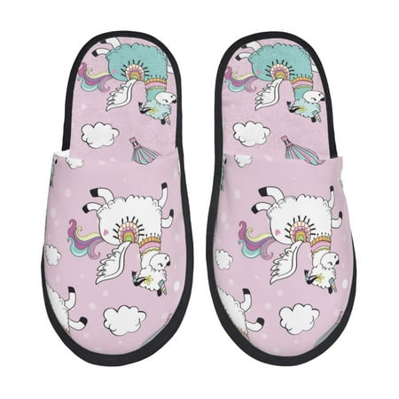 Balery Llama Unicorn and Rainbow Slient Indoor Furry Fleece Comfort House Shoes Soft Non-Slip Home Shoes Cotton slippers House Slippers-- Large