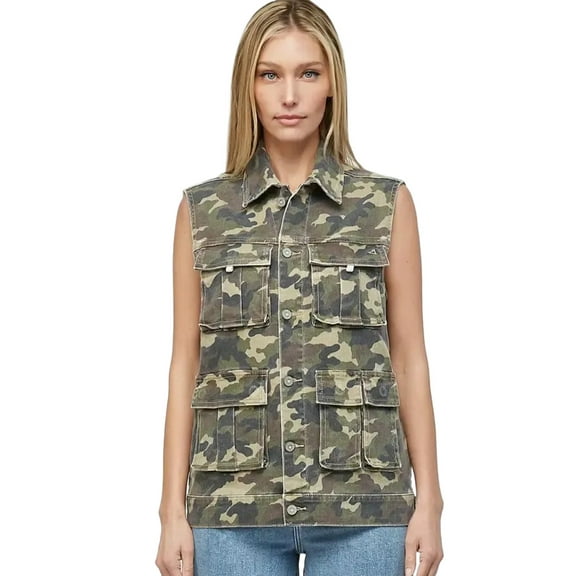 Women's Green Camo Cargo Denim Vest – Versatile Layering Piece for Daily Casual Outfits [ZhiHiMeRi] | L